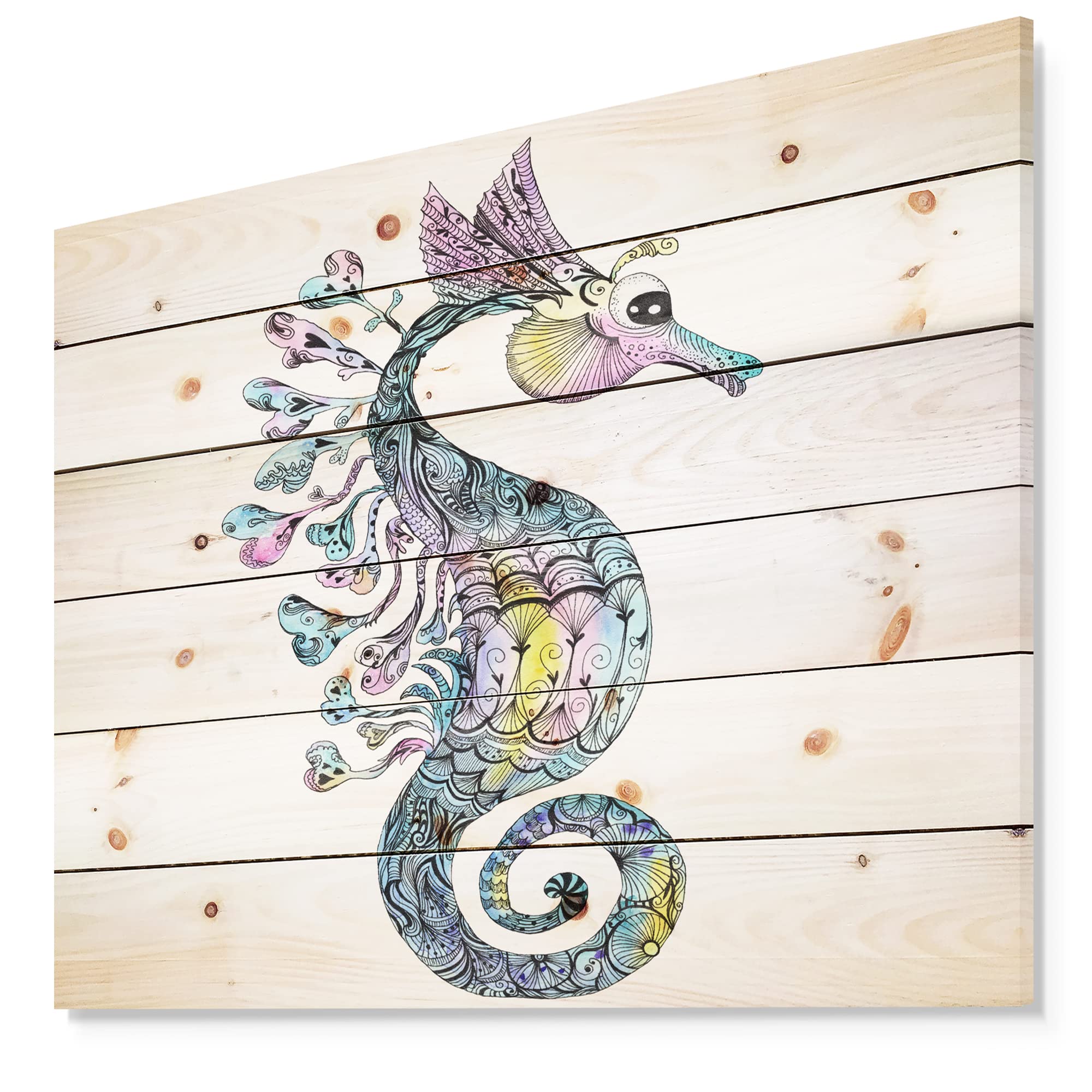 DesignQ Colorful Seahorse Watercolor Wood Wall Art - Handmade Traditional Pine Wood Wall Decor with Large Animal Prints - Perfect for Beach House, Nursery & Coastal Home Decor