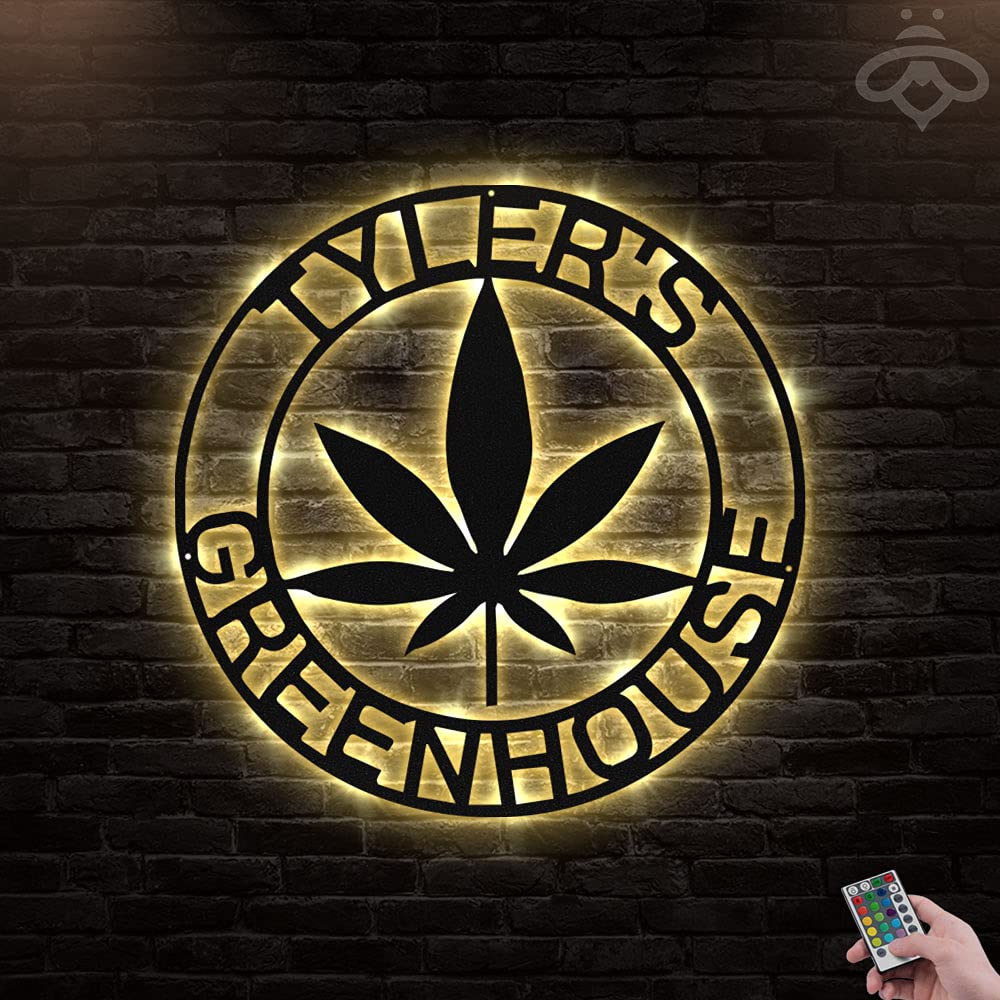 Custom LED Marijuana Weed Metal Wall Art - Personalized Cannabis Lovers Sign for Living Room, Outdoor & Home Decor - 18x18 Inch Black Metal Art with Lights - Perfect Gift for Smokers & Stoner Decor
