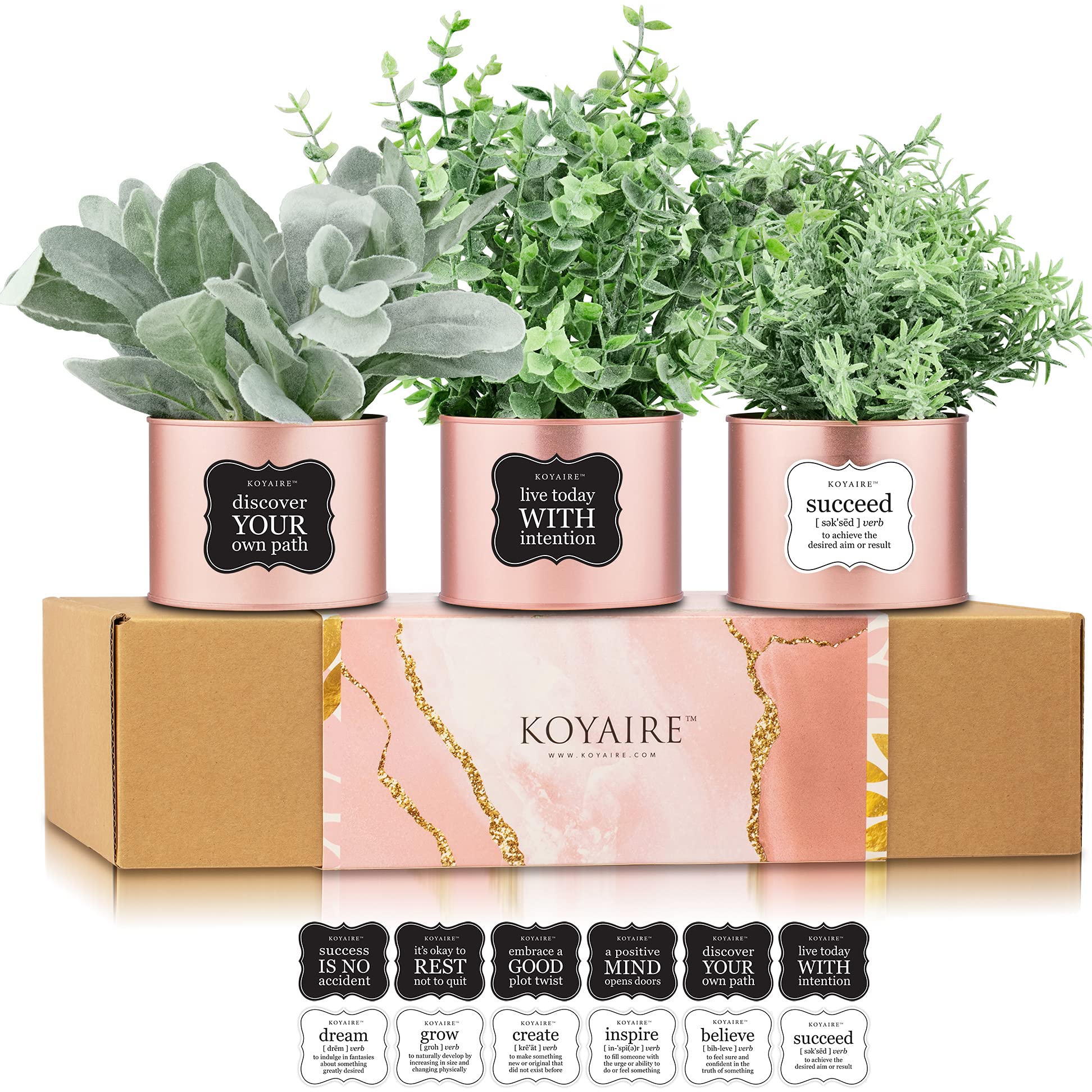 3 Motivational Faux Plants for Desk - Rose Gold Office Decor - Small Home & Office Accessories - Pink Desk Decorations - Perfect for Workspace, Home Office & Gift Giving