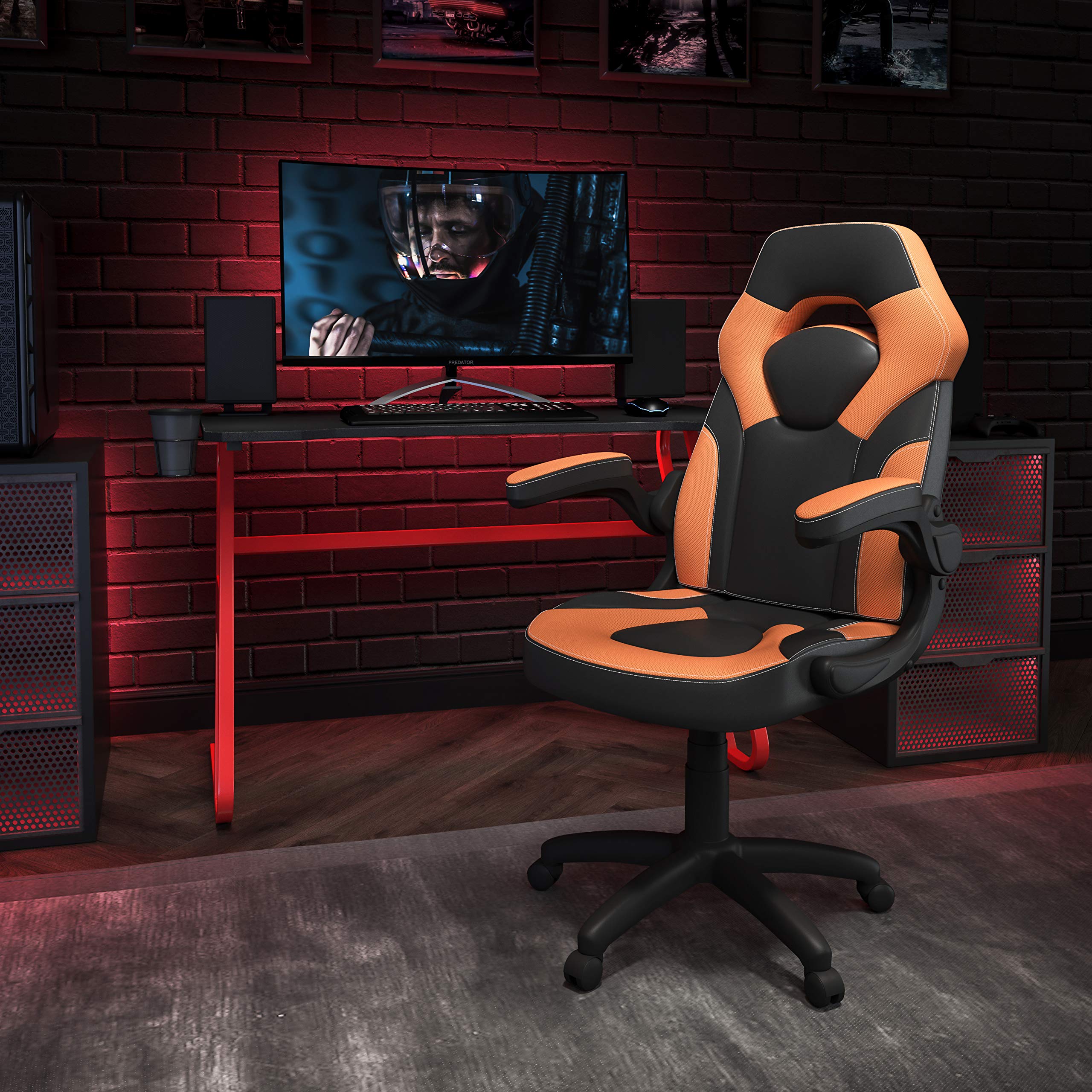 Emma & Oliver Gaming Desk Bundle - Red Computer Desk with Cup Holder, Headphone Hook & Orange Gaming Chair | Perfect for PC & Console Gaming Setup, Home Office & Streaming Station