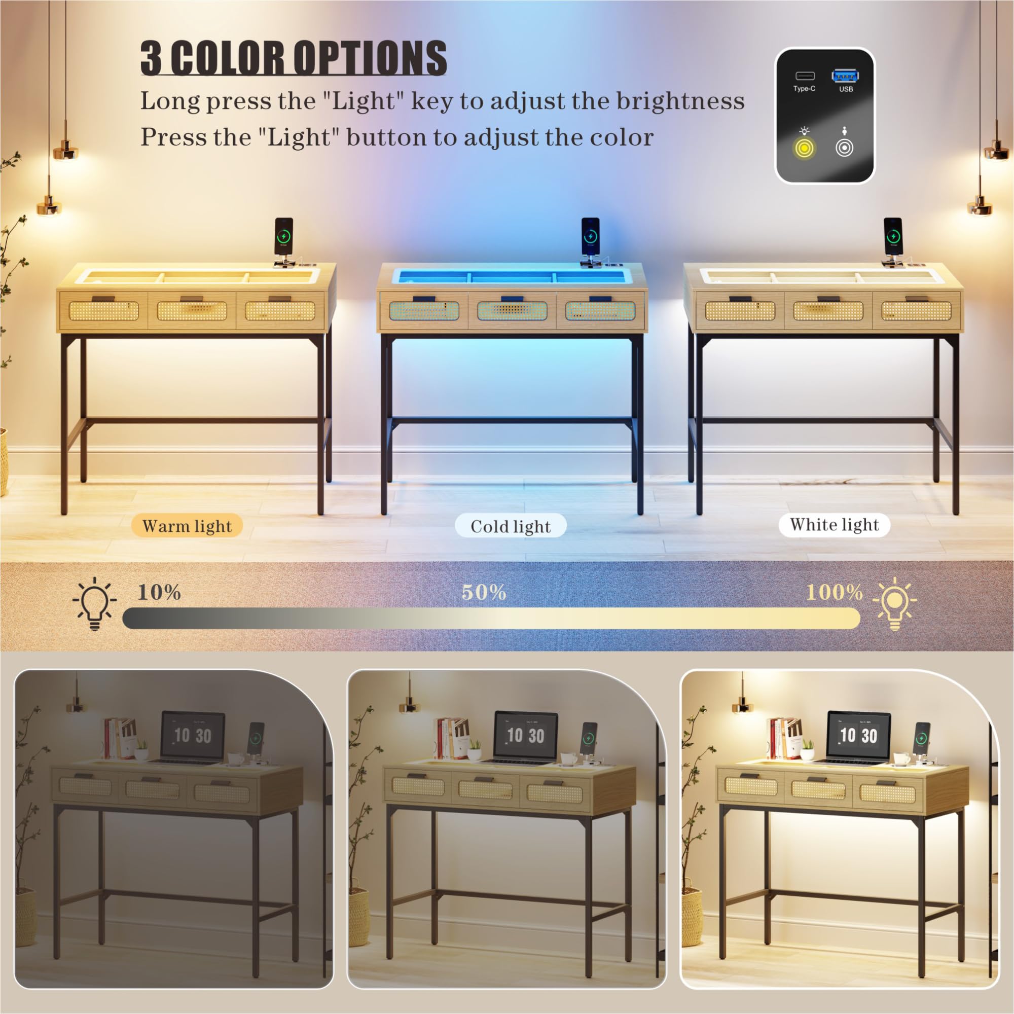 LED Makeup Vanity Desk with Glass Top & Charging Station - Wooden Dressing Table with Rattan Drawers, Modern Bedroom Furniture for Women, Perfect for Makeup Application, Home Office & Beauty Room Organization