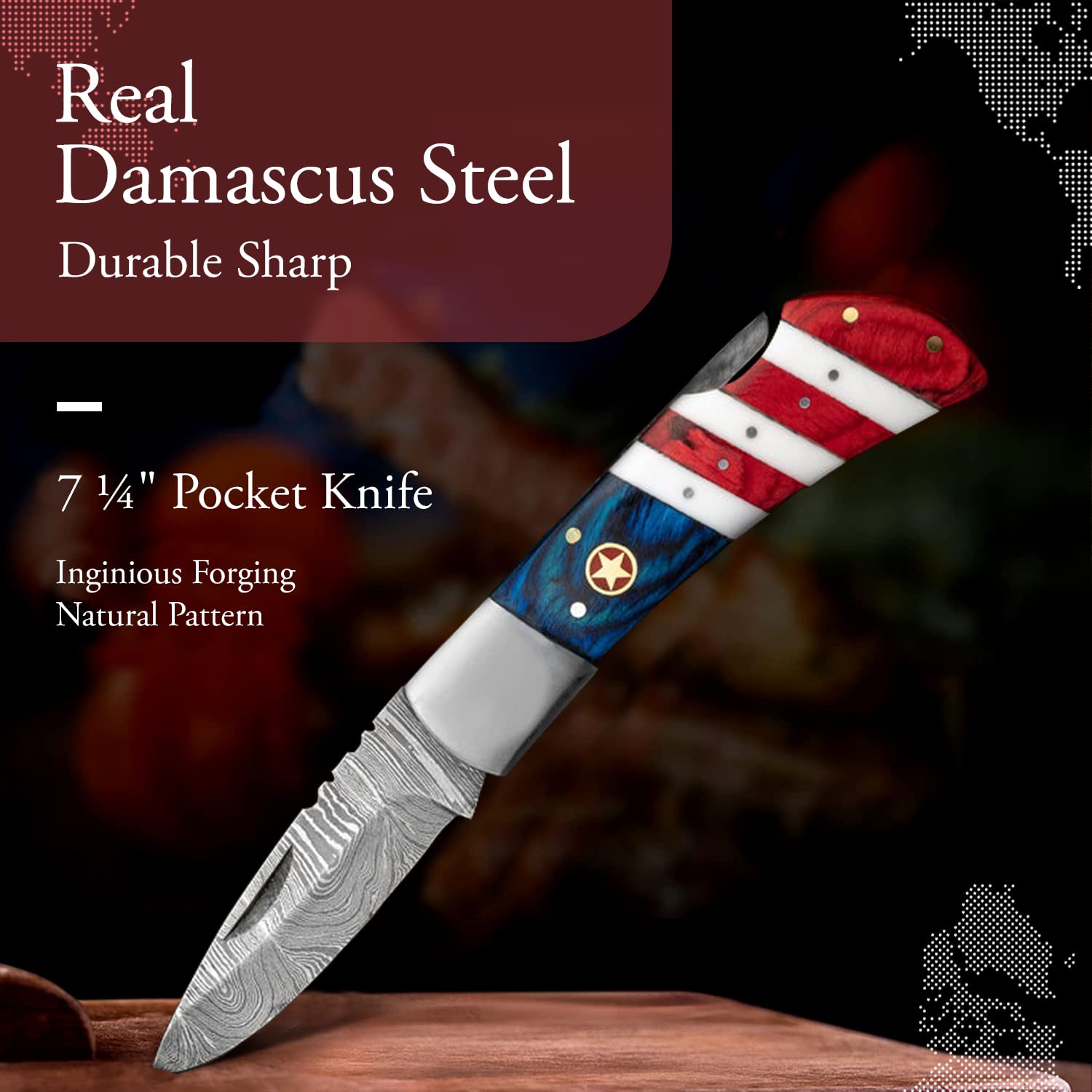 Premium Handmade Damascus Steel American Flag Pocket Knife - USA Patriotic Folding Knife with Sheath (7.25 Inch) - Perfect for Camping, Hunting, Survival & Outdoor Adventures