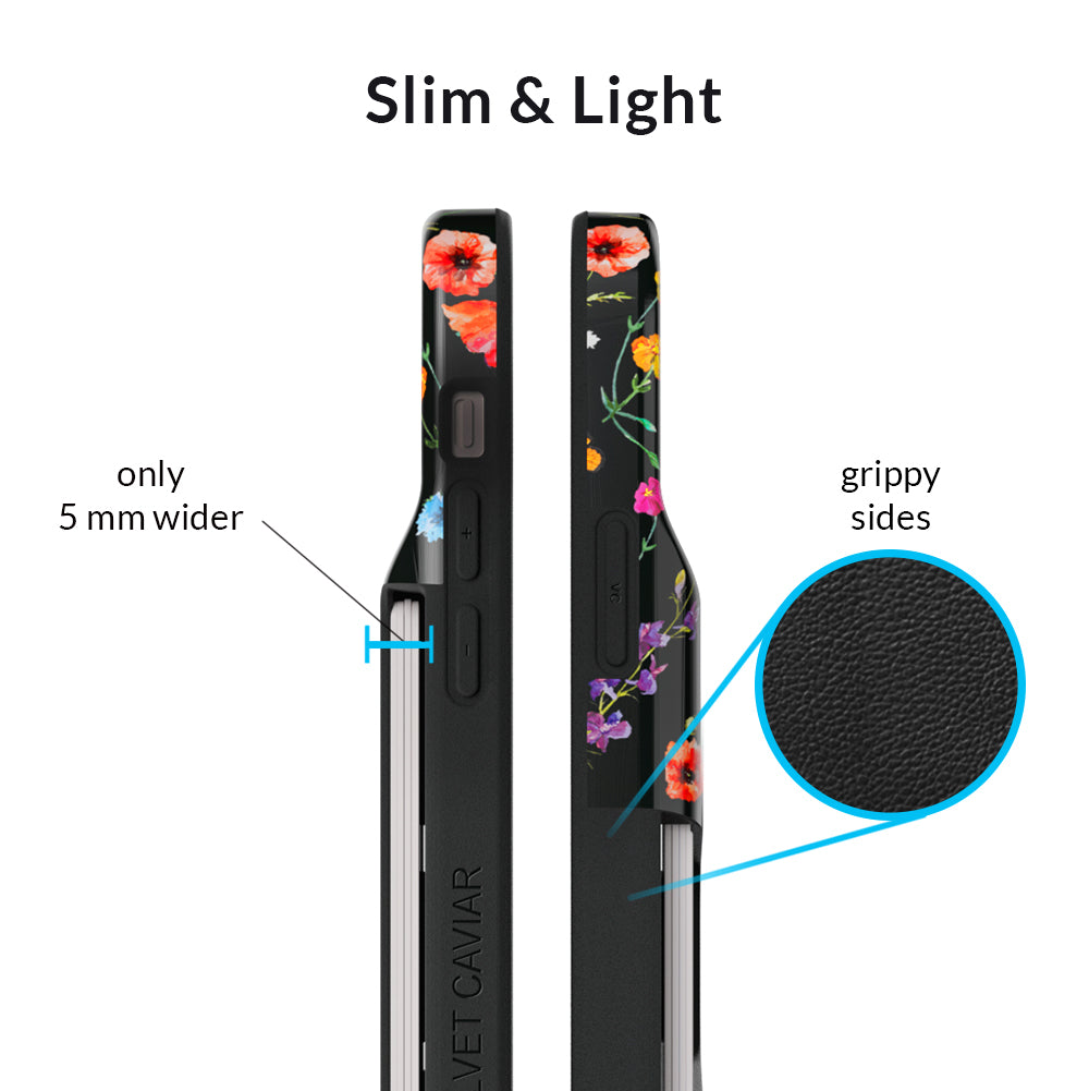 Premium Black Wildflower iPhone Wallet Case - Slim Protective Cover with Card Holder for iPhone 13/14/15 - Perfect for Everyday Use, Travel & Shopping