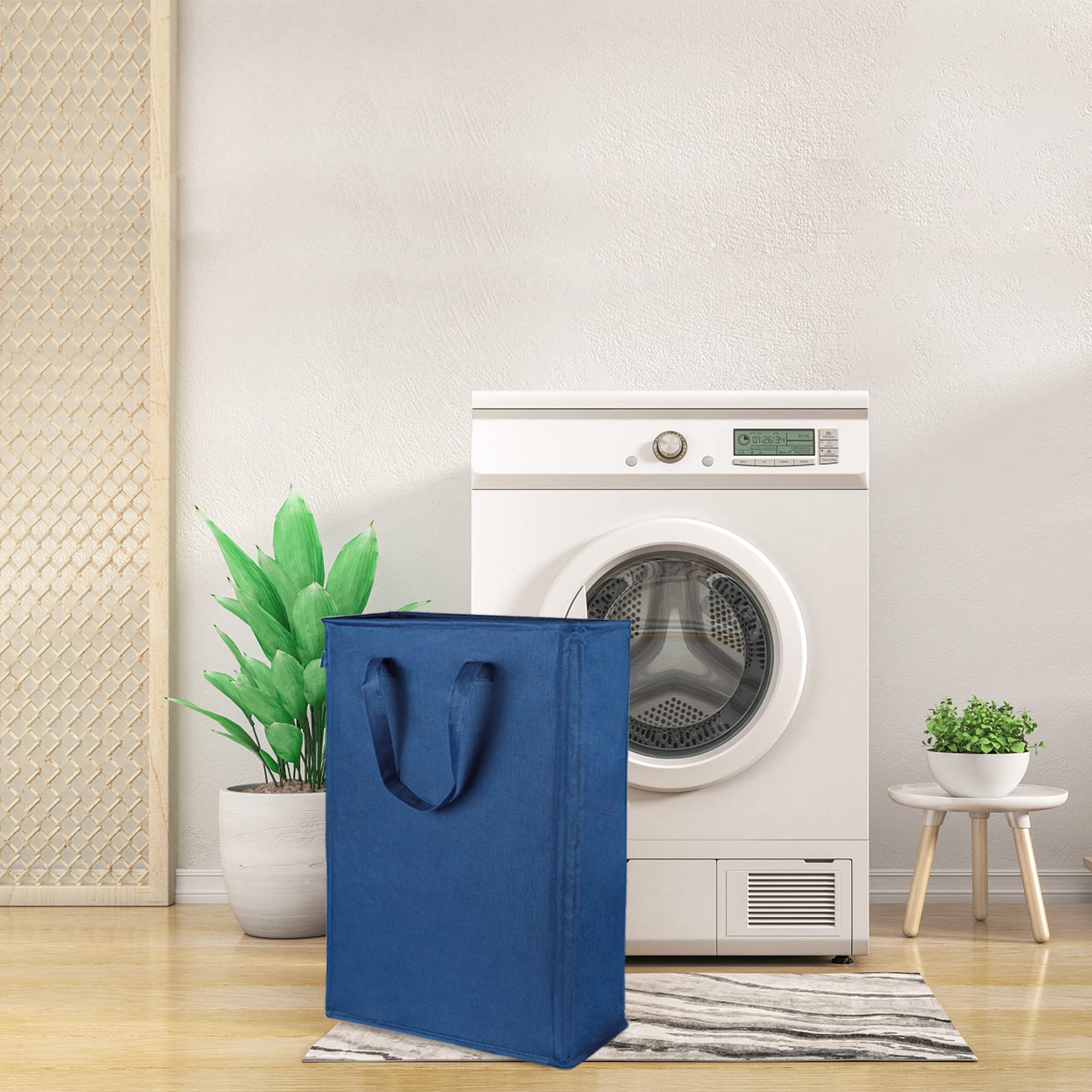 Odonata Slim Collapsible Laundry Hamper with Handles - 45L Foldable Dirty Clothes Basket, Narrow Space-Saving Laundry Bag for Small Spaces (Navy Blue) - Perfect for Apartments, Dorms, and Tight Spaces