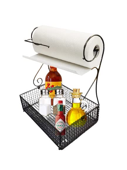 SkyMall 17.5 Inch Metal Paper Towel Holder with Storage Basket - Versatile Countertop Organizer for Kitchen, Bathroom, Office & Outdoor Use
