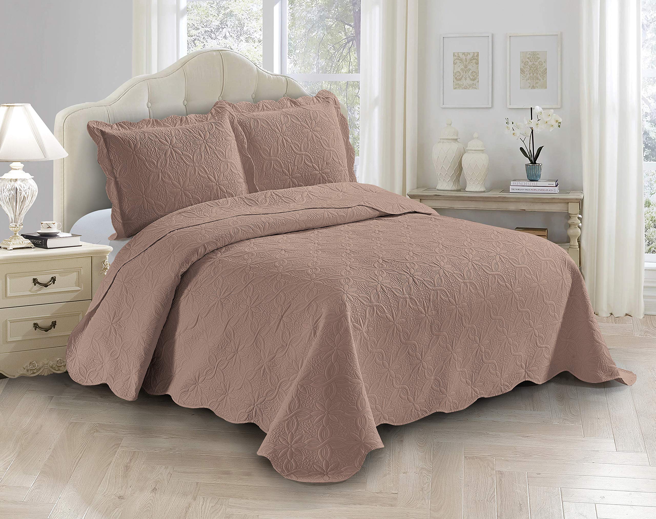 Luxury 3-Piece Linen Embossed Coverlet Bedspread Set - Oversized King/California King Bed Cover with Solid Floral Daisy Pattern - Soft Taupe Color for Master Bedroom, Guest Room, or Hotel Decor