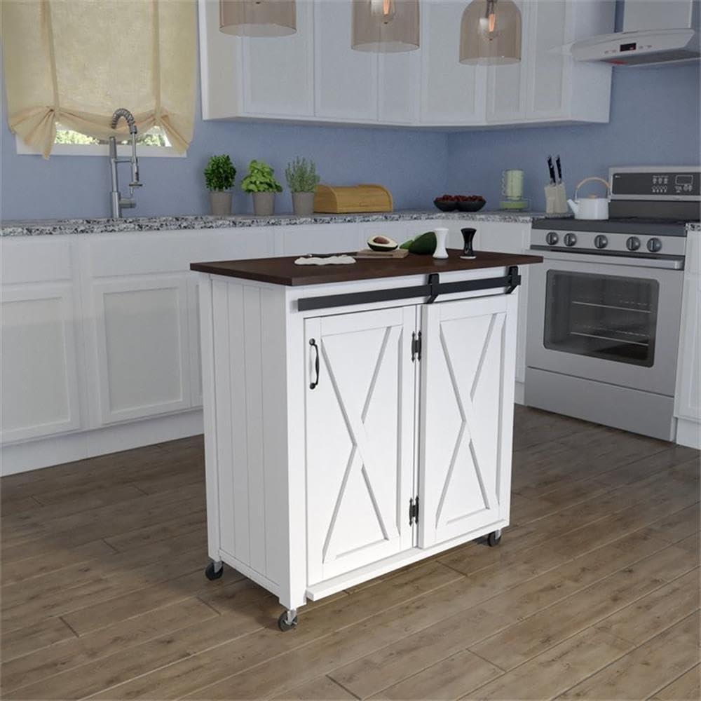 SEI Furniture Leshire Barn-Door Kitchen Cart - Rolling Kitchen Island with Storage for Small Spaces | Perfect for Pantry Organization, Coffee Bar, or Extra Counter Space in Apartments