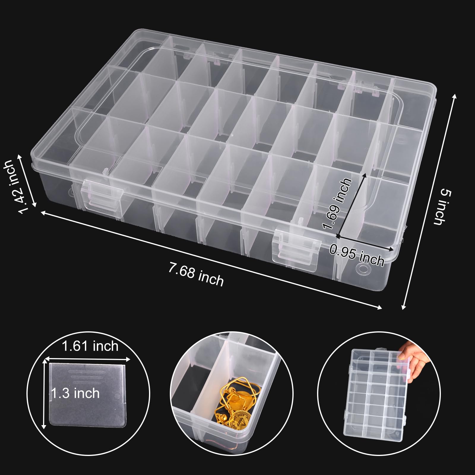 2 Pack 24 Grids Clear Plastic Storage Box with Adjustable Dividers - DIY Craft Organizer for Beads, Jewelry, Fishing Tackles - Includes 1 Sheet Label Stickers - Perfect for Home, Office & Travel Organization