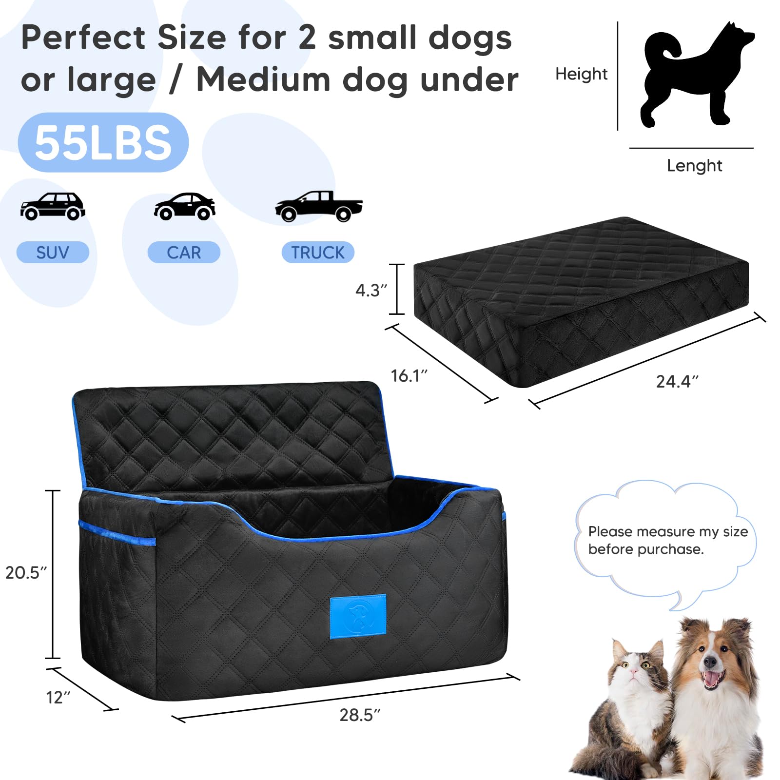 Premium Memory Foam Dog Car Seat for Large & Medium Dogs up to 55 lbs - Washable Elevated Pet Booster Seat with Safety Belt & Storage Pocket - Perfect for Road Trips, Vet Visits & Family Outings