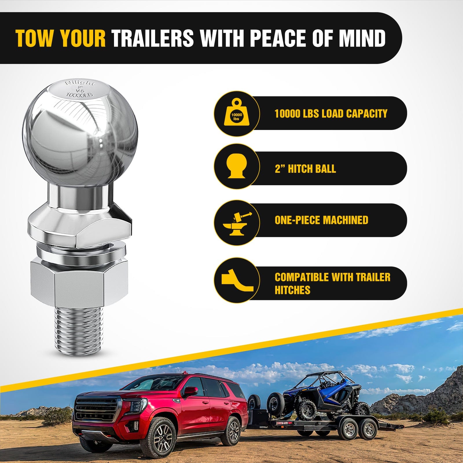 2-Inch Chrome Trailer Hitch Ball with 1-1/4