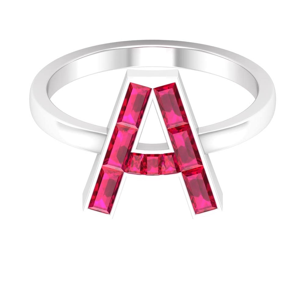A-Z Alphabet Initial Rings - 14K White Gold Lab Created Ruby Letter Rings with Baguette & Channel Setting - Perfect for Personalized Gifts, Birthdays & Anniversaries
