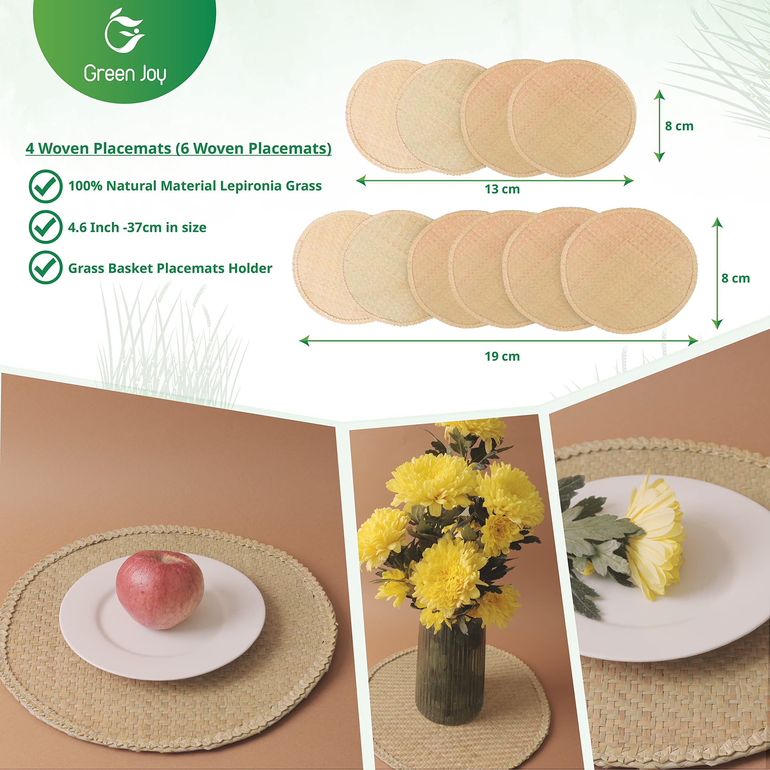 Handwoven Round Grass Placemats Set of 4 - 14.6 Inch Heat Resistant & Non-Slip Braided Table Mats - Natural Farmhouse Style for Dining Table, Kitchen Decor - Perfect for Everyday Meals, Dinner Parties and Rustic Home Decor