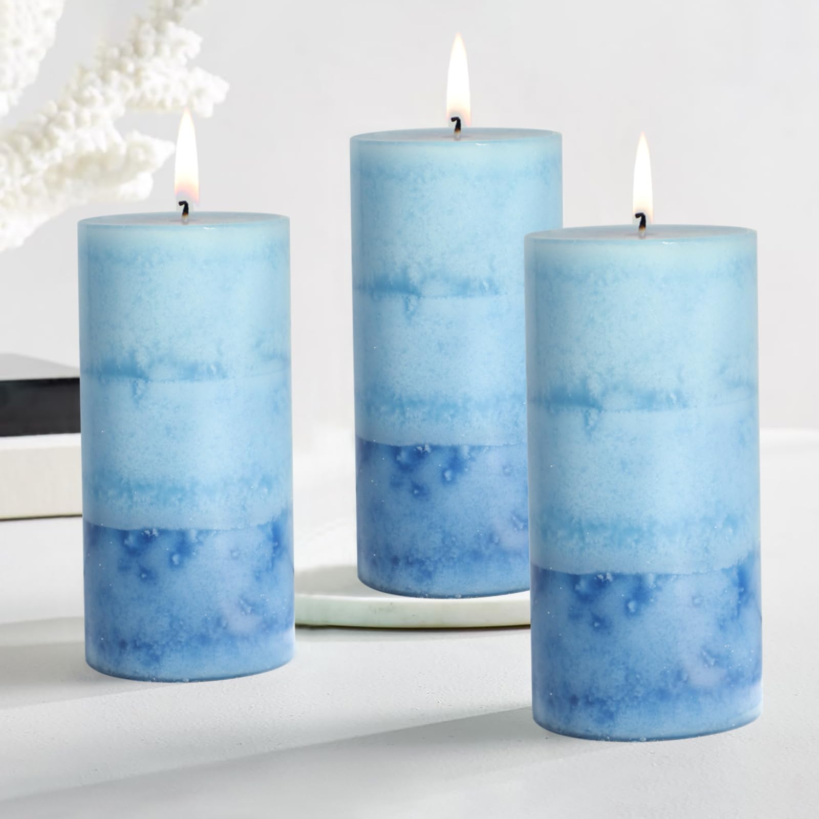Ocean Scented Pillar Candles 3-Pack - 60+ Hour Burn, Blue Home Fragrance for Relaxation & Spa