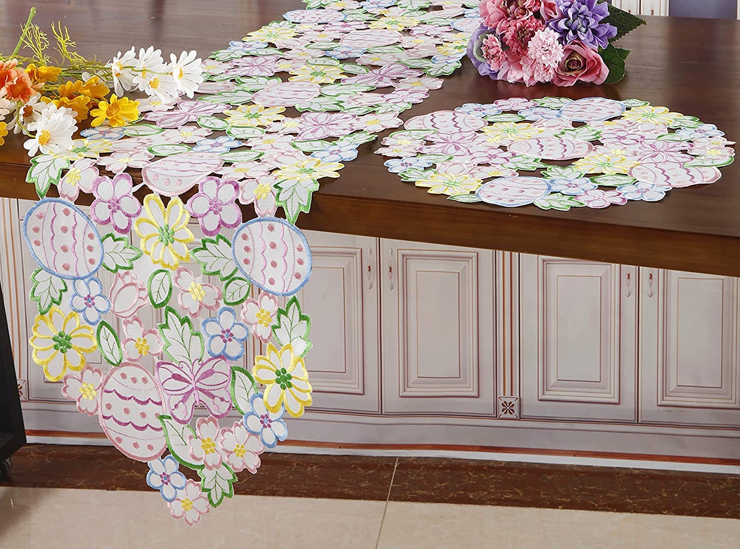 Easter Spring Floral Table Runner - Embroidered Cutwork Eggs & Butterflies Design - 13x83 Inch Holiday Dining Decor for Kitchen, Home, Party (Perfect for Easter, Spring Celebrations & Festive Gatherings)