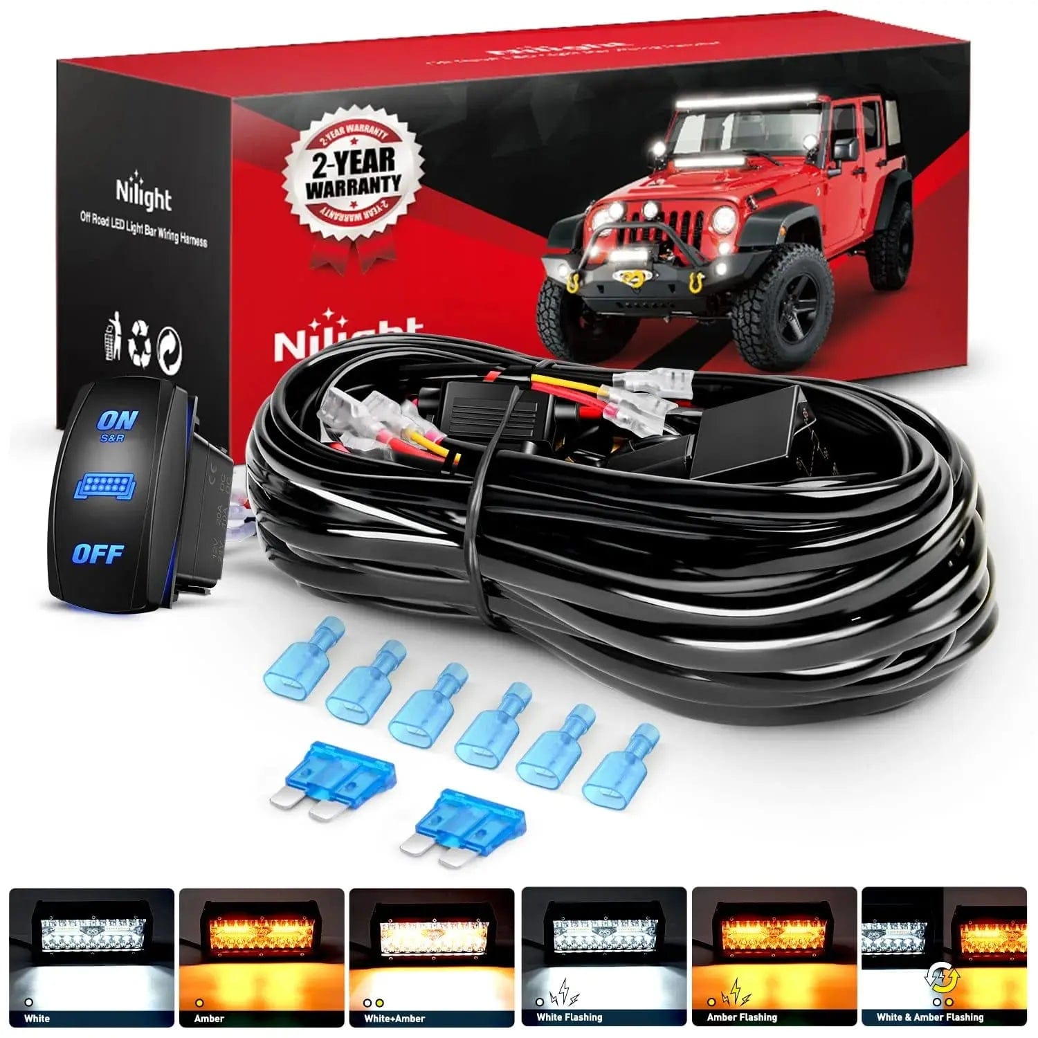 16AWG Amber White Light Bar Wire Harness Kit with 12V 8-Pin Switch, 2 Fuses & 6 Spade Connectors - Perfect for Off-Road, Truck, ATV, and Marine Lighting Installations