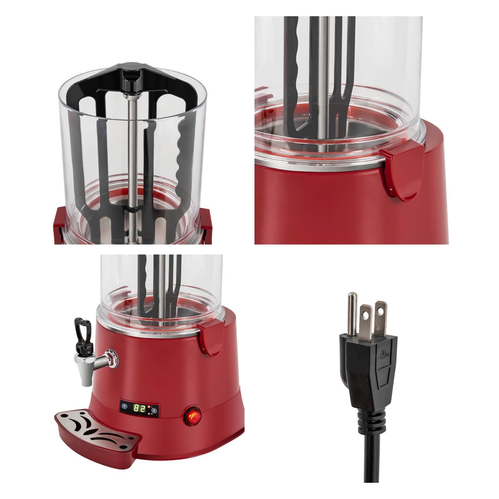 Commercial Hot Chocolate Machine 10L/2.64Gal 400W with Temperature Control (30-90℃/86-194℉) - Stainless Steel & PVC Beverage Warmer for Coffee, Milk Tea, Hot Chocolate - Perfect for Cafes, Restaurants & Events (40x32x57cm/15.7x12.6x22.4in, Red)