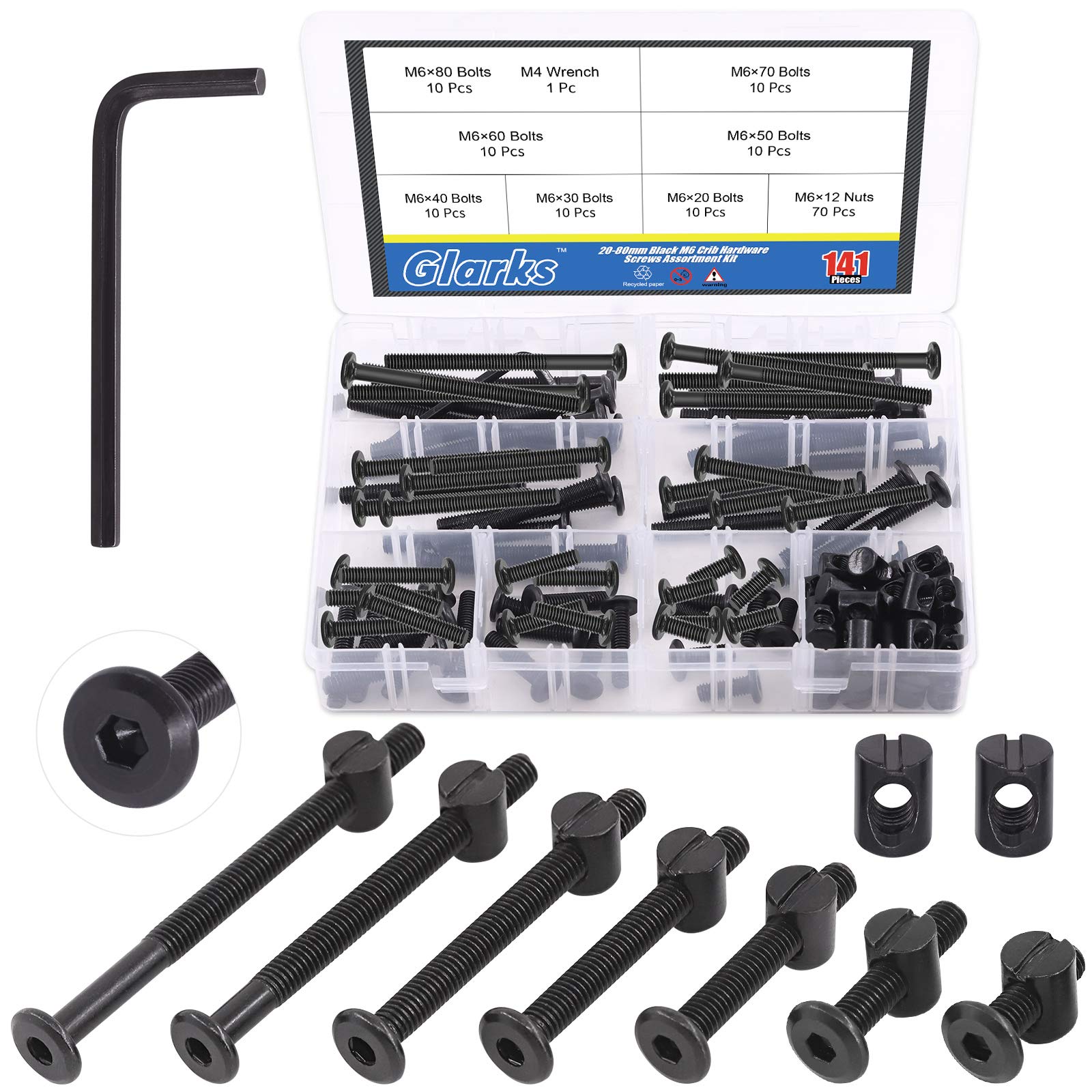 Glarks 141Pcs Baby Crib Screw Kit - M6x20-80mm Black Hex Bolts & Nuts with Allen Wrench for Furniture Repair