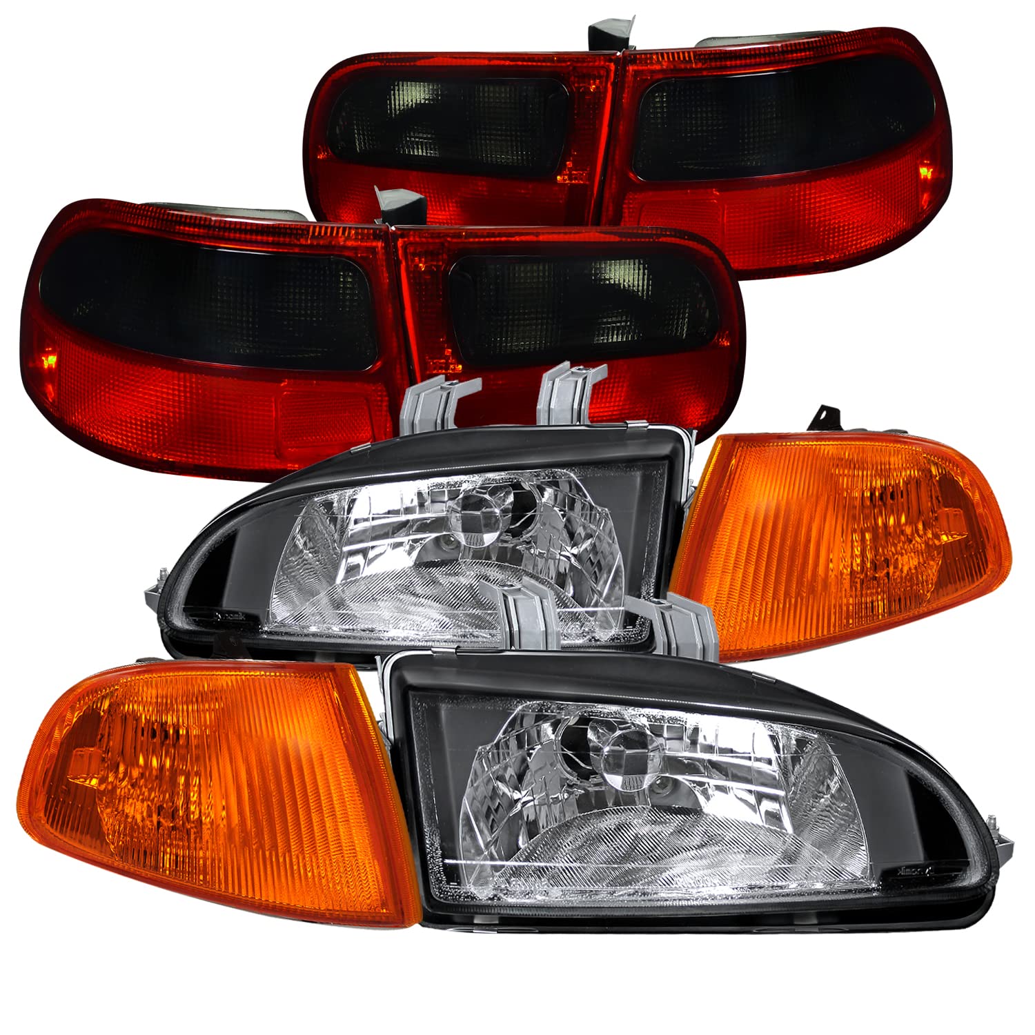 Spec-D Tuning Black Headlights with Amber Corner Lights & Red/Smoke Tail Lamps for 1992-1995 Honda Civic 4-Door Sedan (Left & Right Pair) - Upgrade Your Ride for Enhanced Night Visibility & Stylish Look