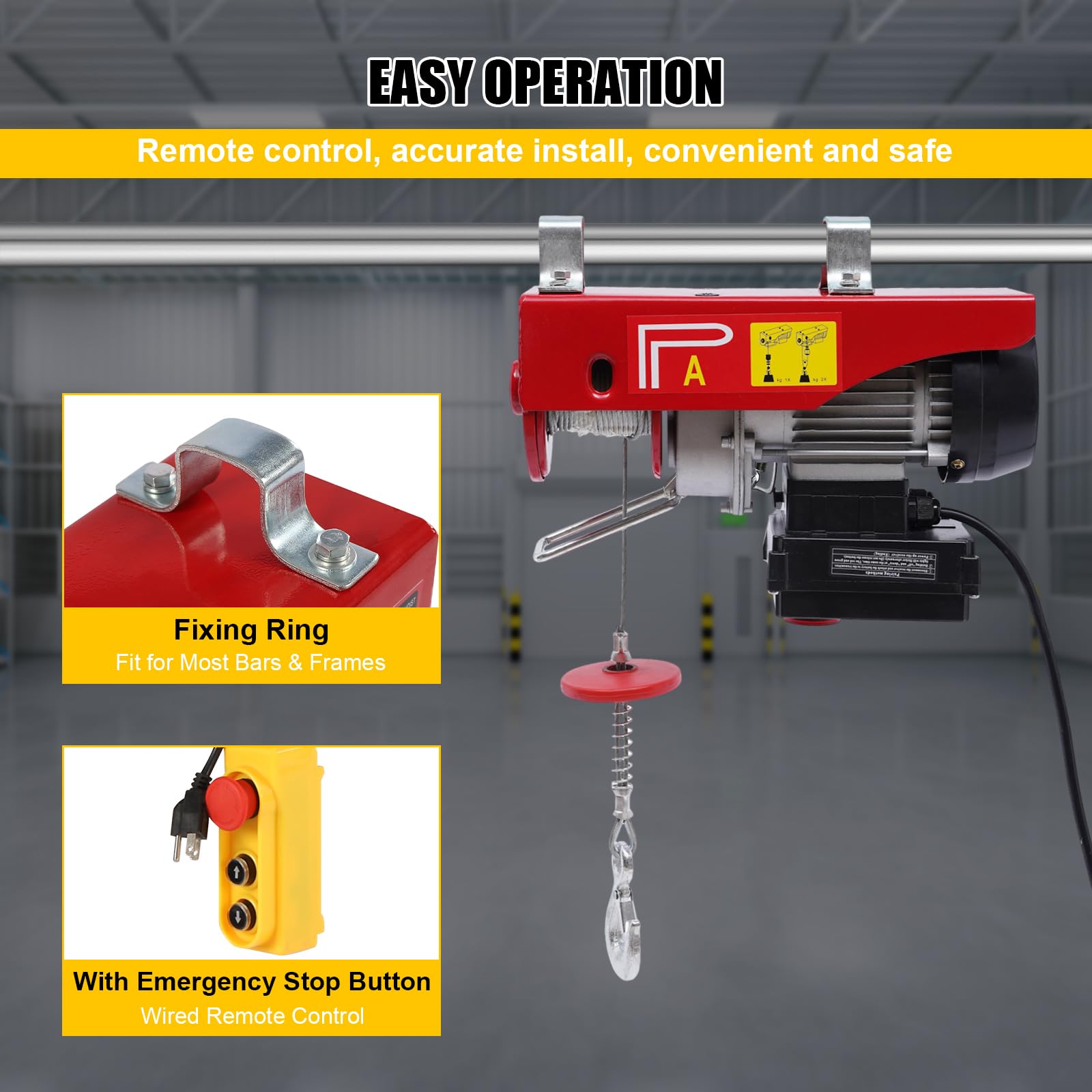 440lbs Electric Hoist Winch with Wireless Remote - 110V Steel Lift for Garage, Attic & Warehouse - Single/Double Slings for Heavy Duty Lifting in Factories, Construction & Home Use