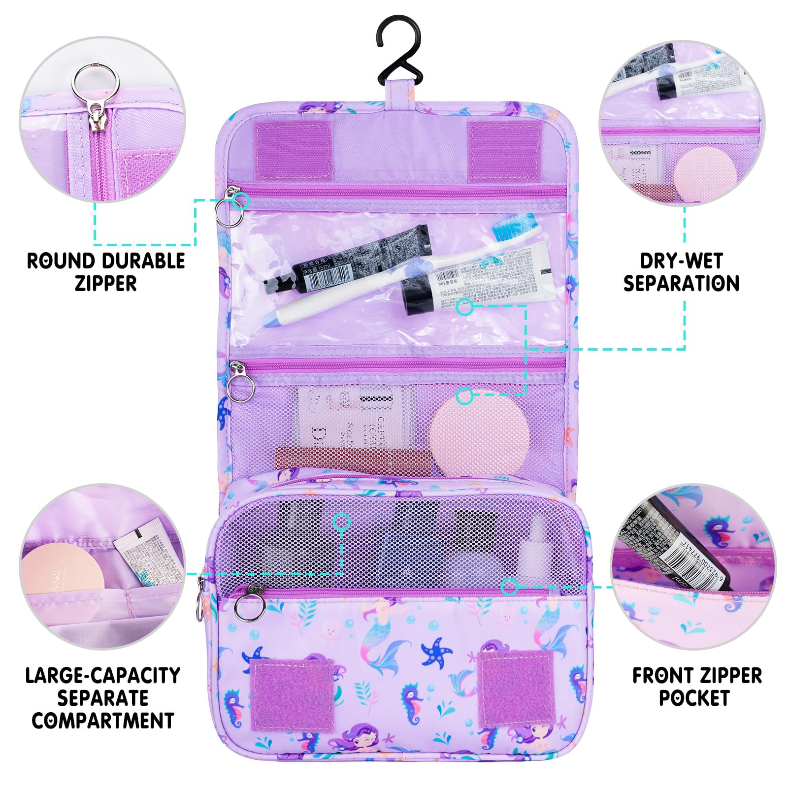 Waterproof Kids Hanging Toiletry Bag for Girls - Mermaid Purple Travel Cosmetic Organizer | Perfect for Toddler Travel, Camping & Sleepovers | Cute Makeup Wash Bag for Little Girls