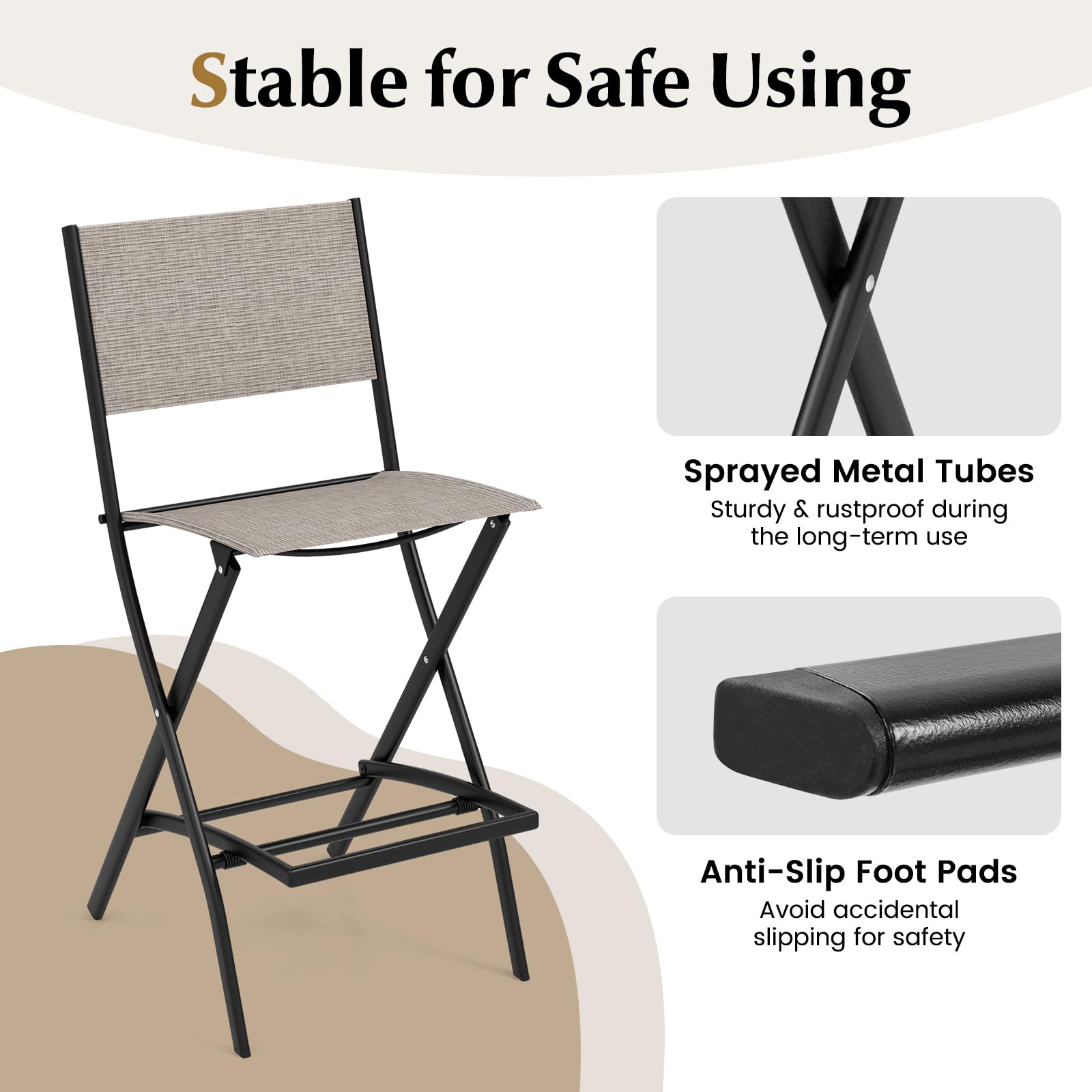 COSTWAY 2-Pack Outdoor Patio Bar Chairs, Folding Bar Height Stools with Metal Frame & Footrest - Weather-Resistant for Balcony, Garden, Poolside & Backyard (Coffee Brown) | Perfect for Outdoor Dining, Entertaining & Relaxing
