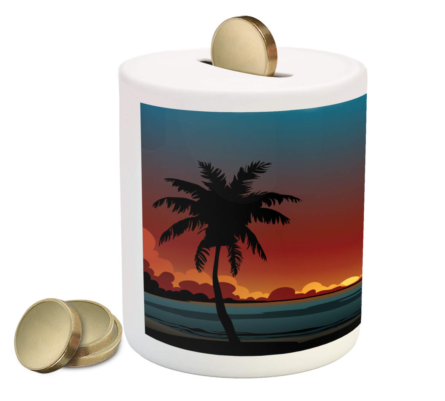 Ambesonne Fiji Ceramic Piggy Bank - Sunset Scene Design, Money Box for Cash Savings in Burnt Orange, Charcoal Grey, Pale Petrol Blue & Burgundy | Perfect Gift for Kids, Teens & Home Decor