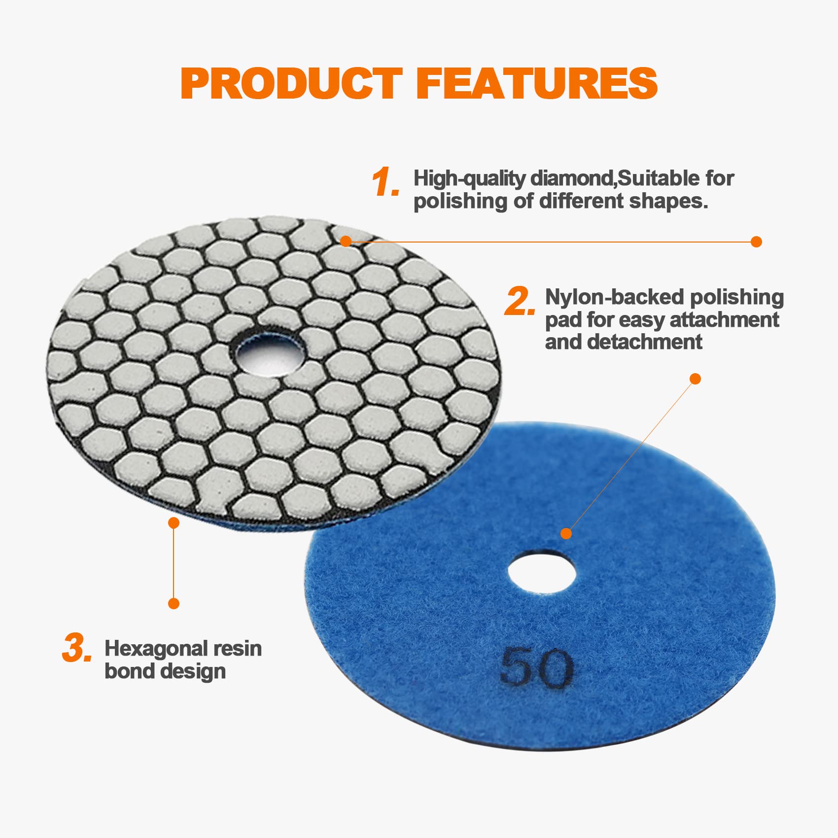 7pcs 4 Inch Diamond Polishing Pad Set #50 Grit for Granite, Marble, Quartz Countertops - Wet/Dry Sanding Disc Kit for Grinder & Polisher - Perfect for Stone Restoration, Floor Polishing & DIY Projects