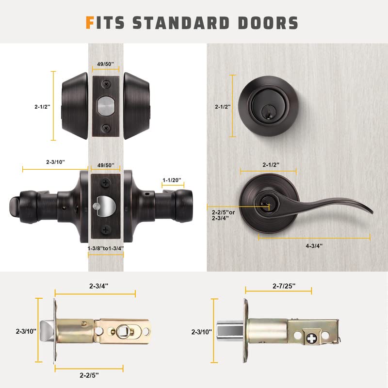 KNOBWELL 1 Pack Keyed Entry Door Levers - Exterior Door Lock Set with Double Keyed Deadbolt, Reversible for Right/Left Hand, Keyed Alike, Oil Rubbed Bronze Finish - Perfect for Front Doors, Back Doors & Home Security