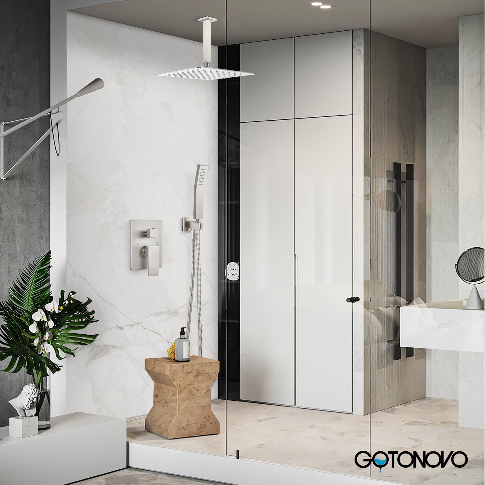 Gotonovo Luxury 12-Inch Rain Shower Combo Set - Ceiling Mount High Pressure Shower System with Handheld Spray, Brushed Nickel Finish - Perfect for Modern Bathroom Renovations & Spa-Like Shower Experience