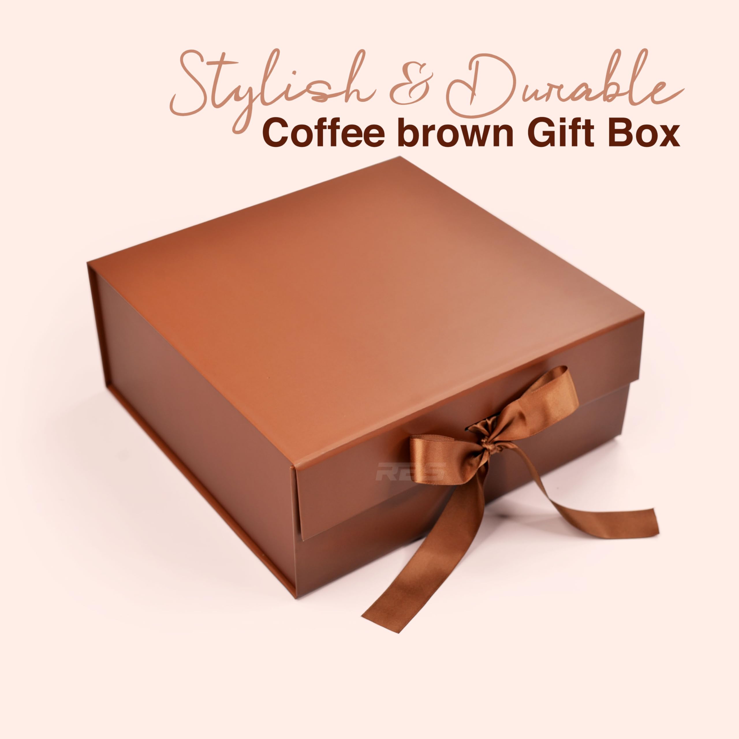 RBS® Medium Folding Gift Box - 1 Pack Glossy Brown Gift Packaging Box (26x26x10cm) with Ribbon for Birthdays, Weddings, Christmas | Reusable Multipurpose Hamper Box for Gifts, Storage & Home Decor