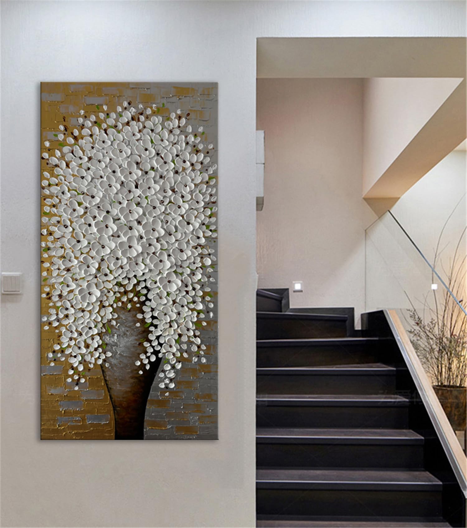 Zoinart 3D Floral Oil Paintings 24x48 Inch Hand-Painted Abstract Large Canvas Wall Art - White Flower Vertical Decorative Framed Texture Artwork Ready to Hang for Living Room, Bedroom & Office Decor