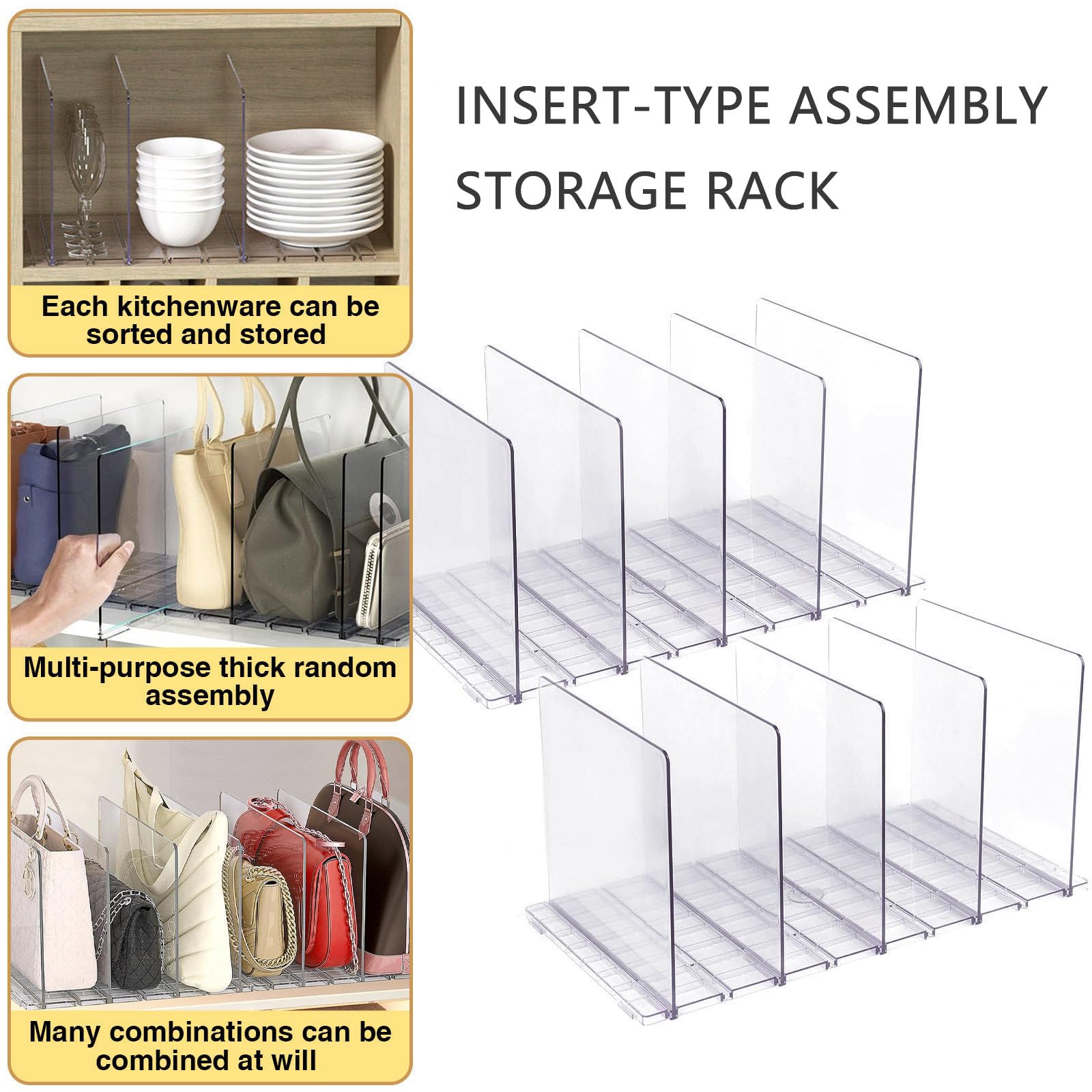 10-Pack Clear Plastic Purse Organizers - Adjustable Shelf Dividers for Handbags, Clothes & Books | Perfect for Closet, Bathroom, Bedroom & Kitchen Storage Solutions