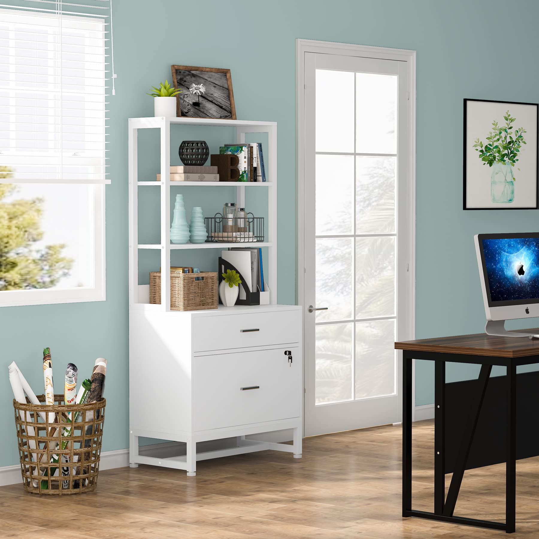 Tribesigns 2-Drawer Locking File Cabinet with Bookshelf - Letter Size Vertical Filing Cabinet, Modern Office Storage with Open Shelves for Printer & Supplies - Perfect for Home Office Organization (White)
