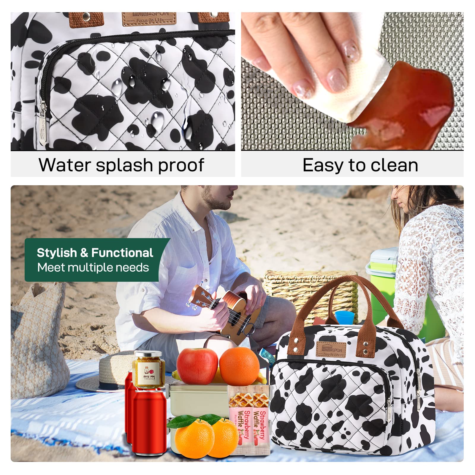 Burninger HOMESPON Insulated Lunch Bag for Women & Men - Leakproof Lunch Tote with Front Pocket - Perfect for Work, School, Picnic, Travel & Outdoor Activities (Cow Print)