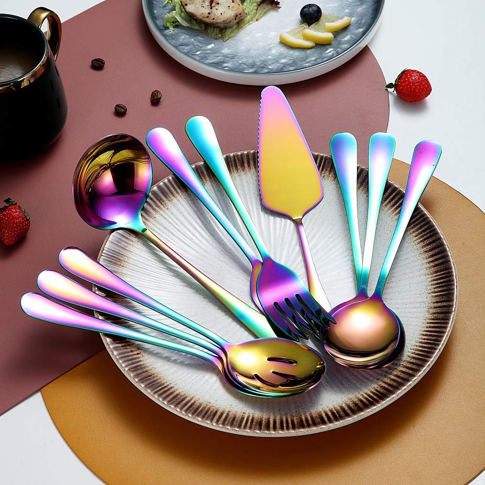 Rainbow 10-Piece Stainless Steel Flatware Set - Includes Slotted Spoon, Cake Server, Fork & Soup Ladle - Perfect for Dinner Parties, Catering & Home Entertaining