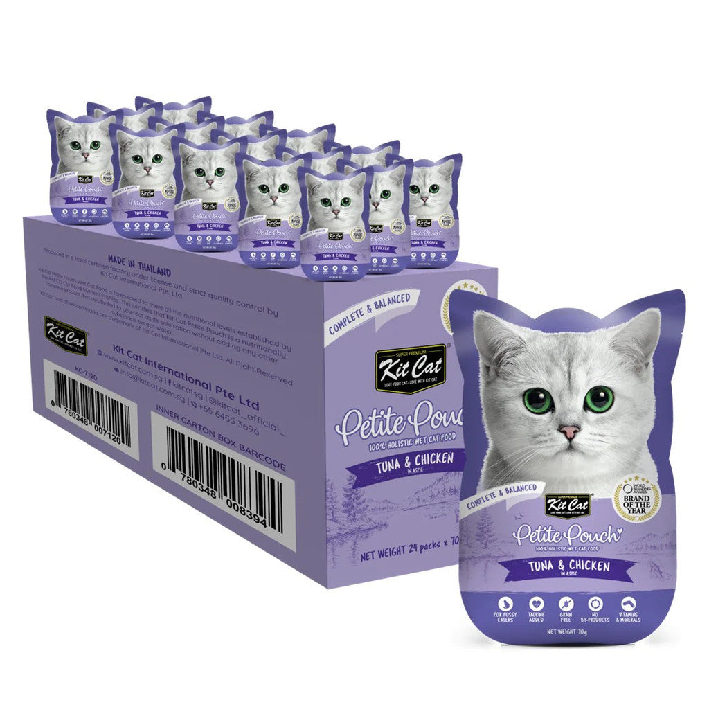 24 Pack Kit Cat Petite Pouch Grain-Free Wet Cat Food - 70g Pouch for Adult & Senior Cats - Perfect for Travel, Treats & Mealtime Variety