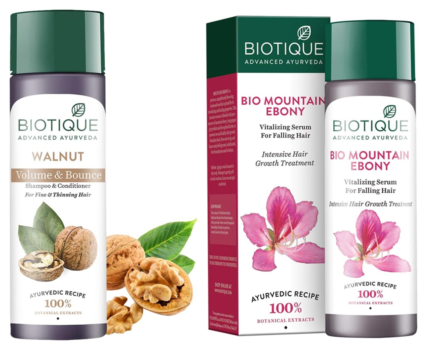 Biotique Bio Walnut Bark Fresh Lift Body Building Shampoo for Fine & Thinning Hair 190ml + Bio Mountain Ebony Hair Growth Serum 120ml - Volumizing Shampoo & Hair Loss Treatment for Thicker, Fuller Hair - Perfect for Daily Hair Care Routine & Scalp Nourishment