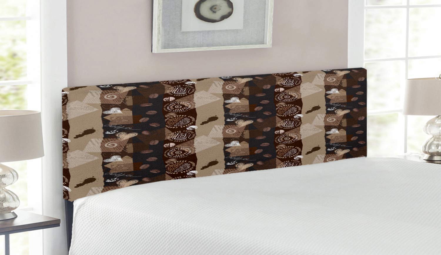 Ambesonne Brown Upholstered Headboard - Coffee Typography Hearts & Beans Design on Abstract Striped Grungy Backdrop, Queen Size Memory Foam Bed Headboard for Cozy Bedroom Decor | Perfect for Master Bedrooms, Guest Rooms & Dorm Rooms