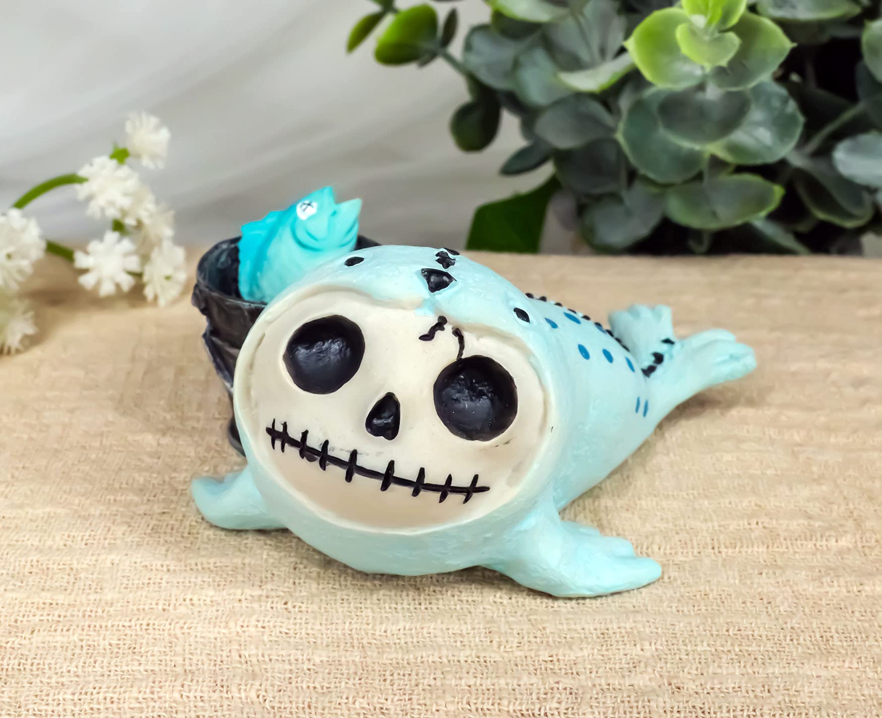 Ebros Gift Nautical Marine Furry Bones Rollie The Seal with Bucket of Fish Skeleton Monster Voodoo Costume Collectible Figurine - Halloween Decor, Macabre Home Display, Unique Gift for Horror Fans