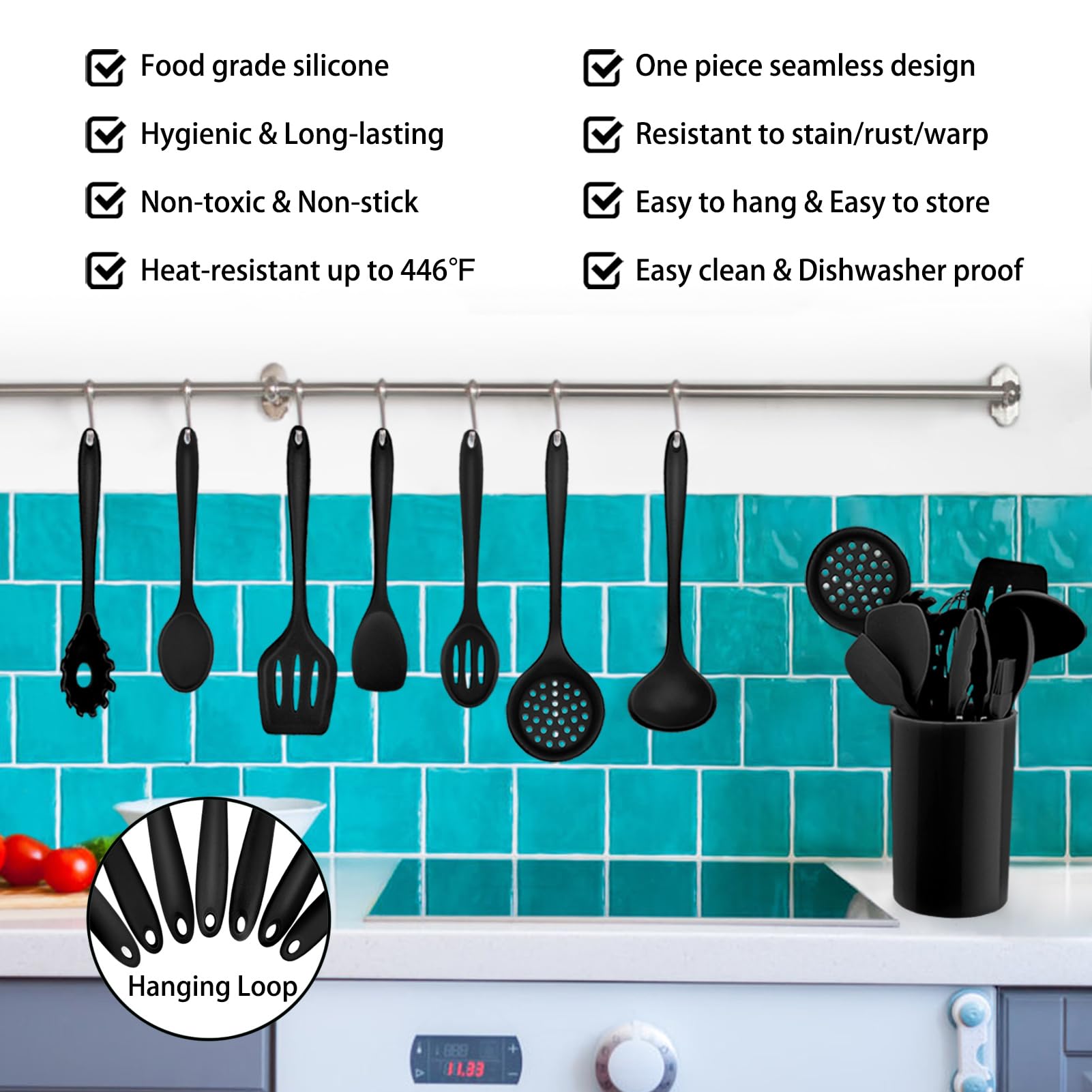 Homikit 12-Piece Silicone Kitchen Utensil Set with Holder - Heat Resistant Cooking Tools Including Spoon, Turner, Spatula, Ladle & Tongs for Non-Stick Cookware - Perfect for Baking, Frying & Everyday Cooking (Black)