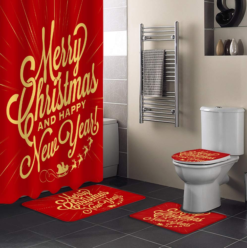 4PCS Non-Slip Bath Mat Set - Christmas Red Pattern for Bathroom Decor & Shower Safety