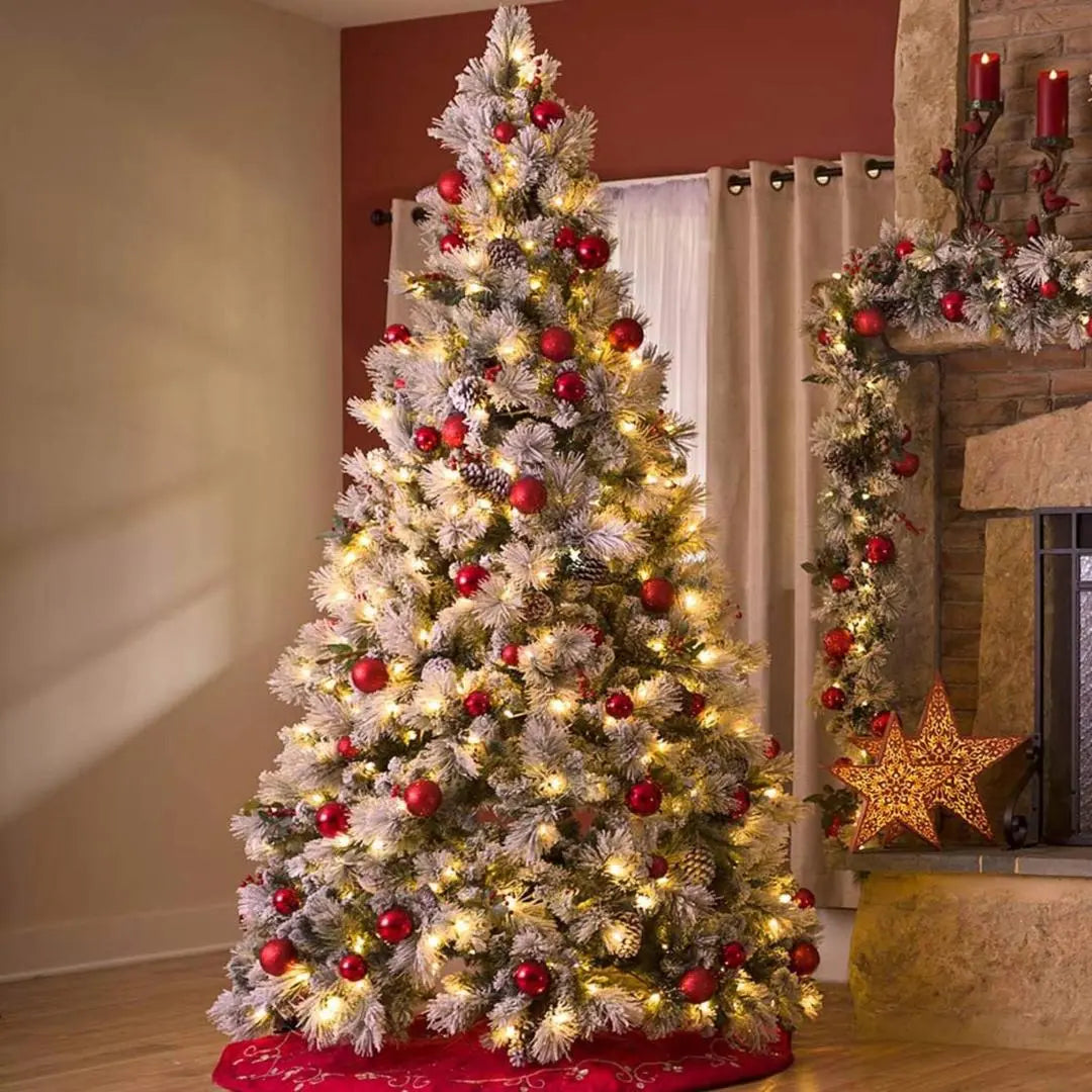 6'/7.5'/9' Flocked Snow Christmas Tree with Pine Cones & Warm White LED Lights - Hinged Branches & Sturdy Metal Stand for Holiday Home Decor, Office, and Party Decoration