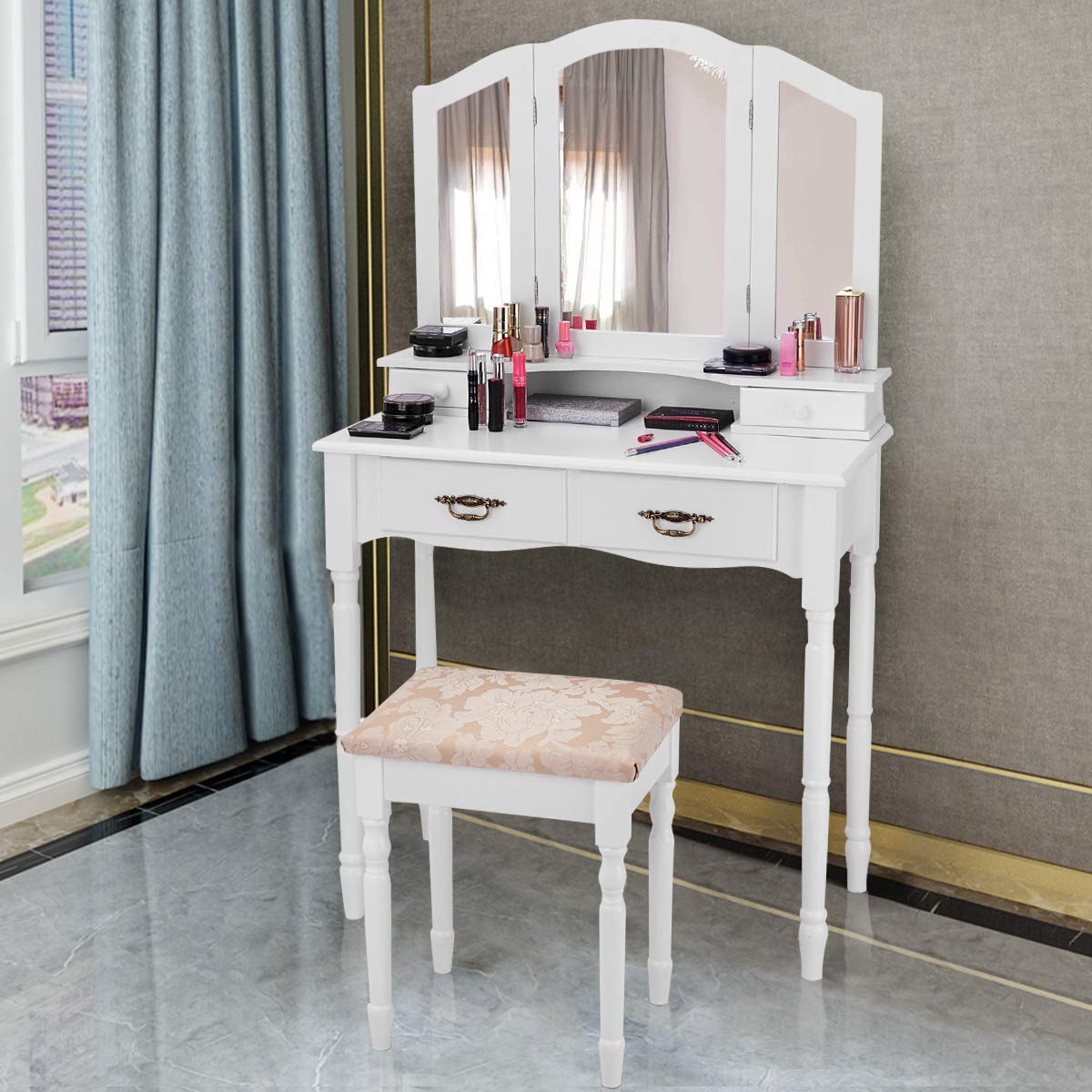 ReunionG Multifunctional Vanity Set with Stool & Trifold Mirror - White Makeup Dressing Table with Drawers, Writing Desk for Bedroom, Home Decor & Beauty Organization - Perfect for Small Spaces & Daily Makeup Routine