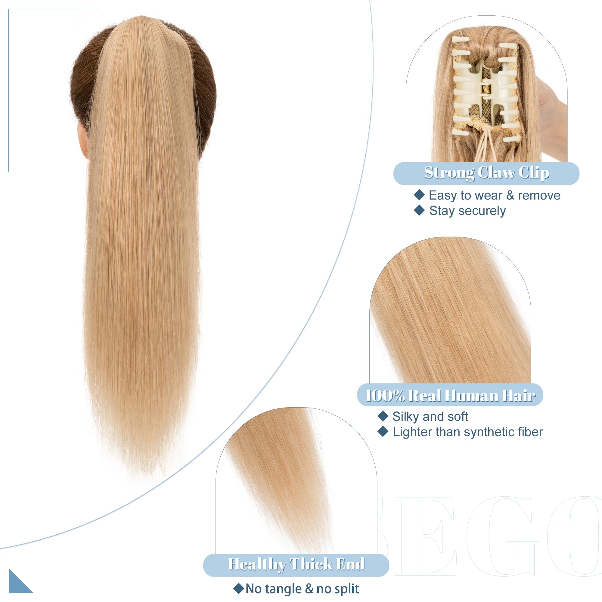 SEGO Clip in Ponytail Extension - 18 Inch Long Straight Human Hair Ponytail for Women - Dark Blonde 115g - Perfect for Parties, Weddings & Everyday Styling
