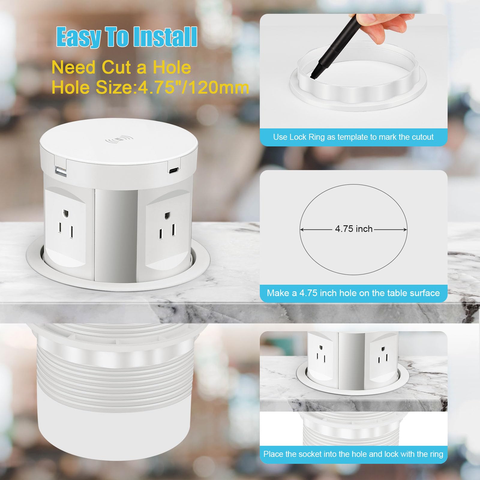 Smart Pop-Up Outlet with Wireless Charger - 4 AC Plugs + USB A/C Ports - Surge Protector for Kitchen Island, Office Desk & Conference Room - ETL Certified - Perfect for Countertops, Workbenches & Home Use