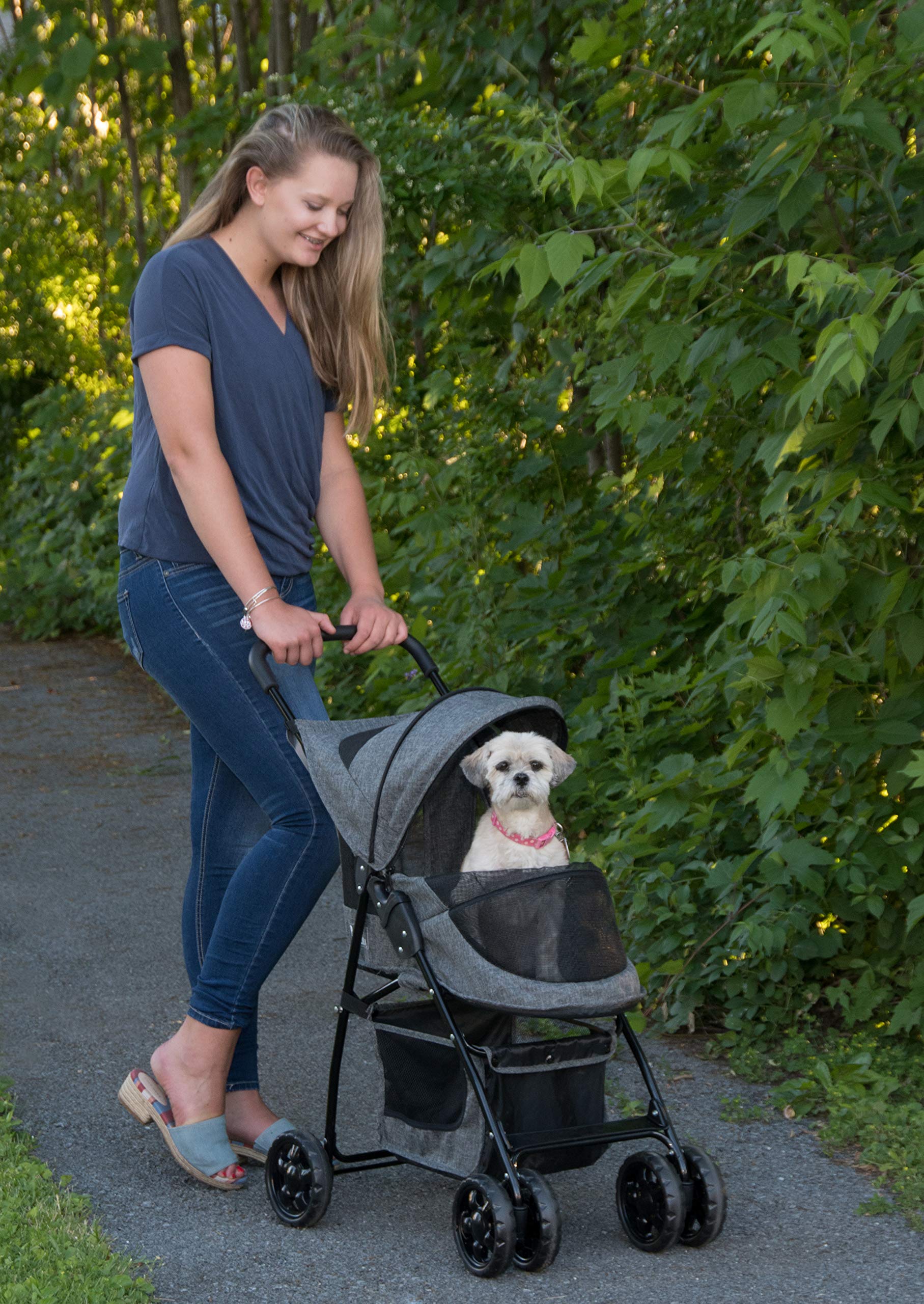 Pet Gear Happy Trails Lite Pet Stroller for Small Dogs & Cats - Foldable Travel Stroller with Zipper Entry, Safety Tether & Storage Basket - Perfect for Walks, Vet Visits & Outdoor Adventures