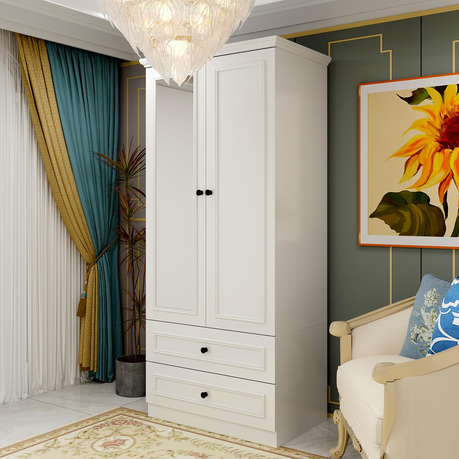 Modern White Wooden Armoire Wardrobe with Mirror Door - 2 Door Storage Cabinet with Hanging Rod for Bedroom Organization - Perfect for Clothes, Shoes & Accessories Storage in Small Spaces