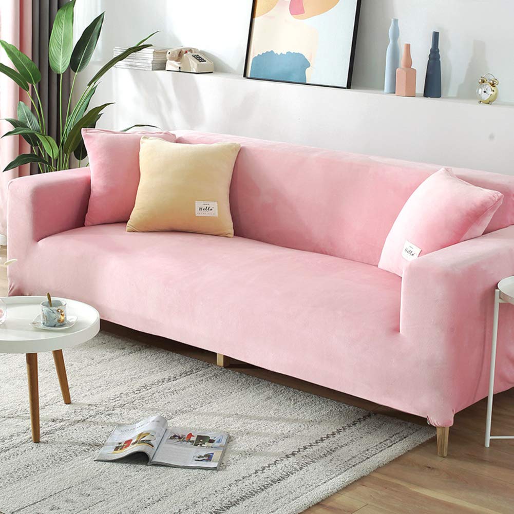 DMCESWFC Stretch Sofa Cover - Soft Velvet Elastic Slipcover for 2 Seater Loveseat & Armchair, Thick Furniture Protector in Pink | Perfect for Living Room, Bedroom & Home Decor