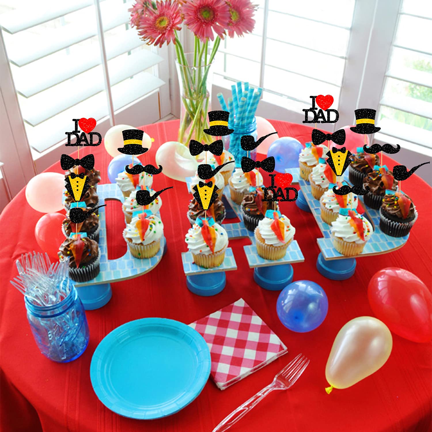 36Pcs Black Glitter Cupcake Toppers for Father's Day - I Love Dad Cake Decorations with Bow Tie, Mustache, Hat & Necktie - Perfect for Father's Birthday Party, DIY Cake Decorating & Holiday Celebrations