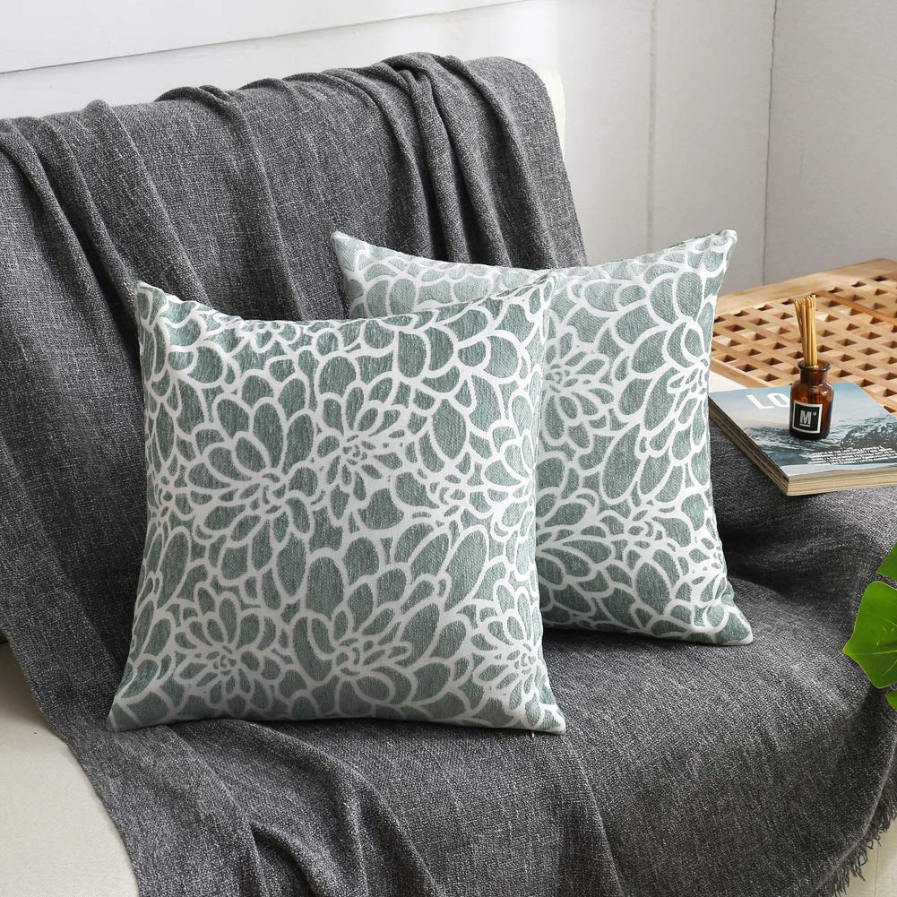 Decorative Square Throw Pillow Covers Set - 20x20 Inch Floral Embroidered Double-Sided Cushion Cases for Sofa, Bed, Chair - Handmade Home Decor (Grey-Green) | Perfect for Living Room, Bedroom & Outdoor Patio